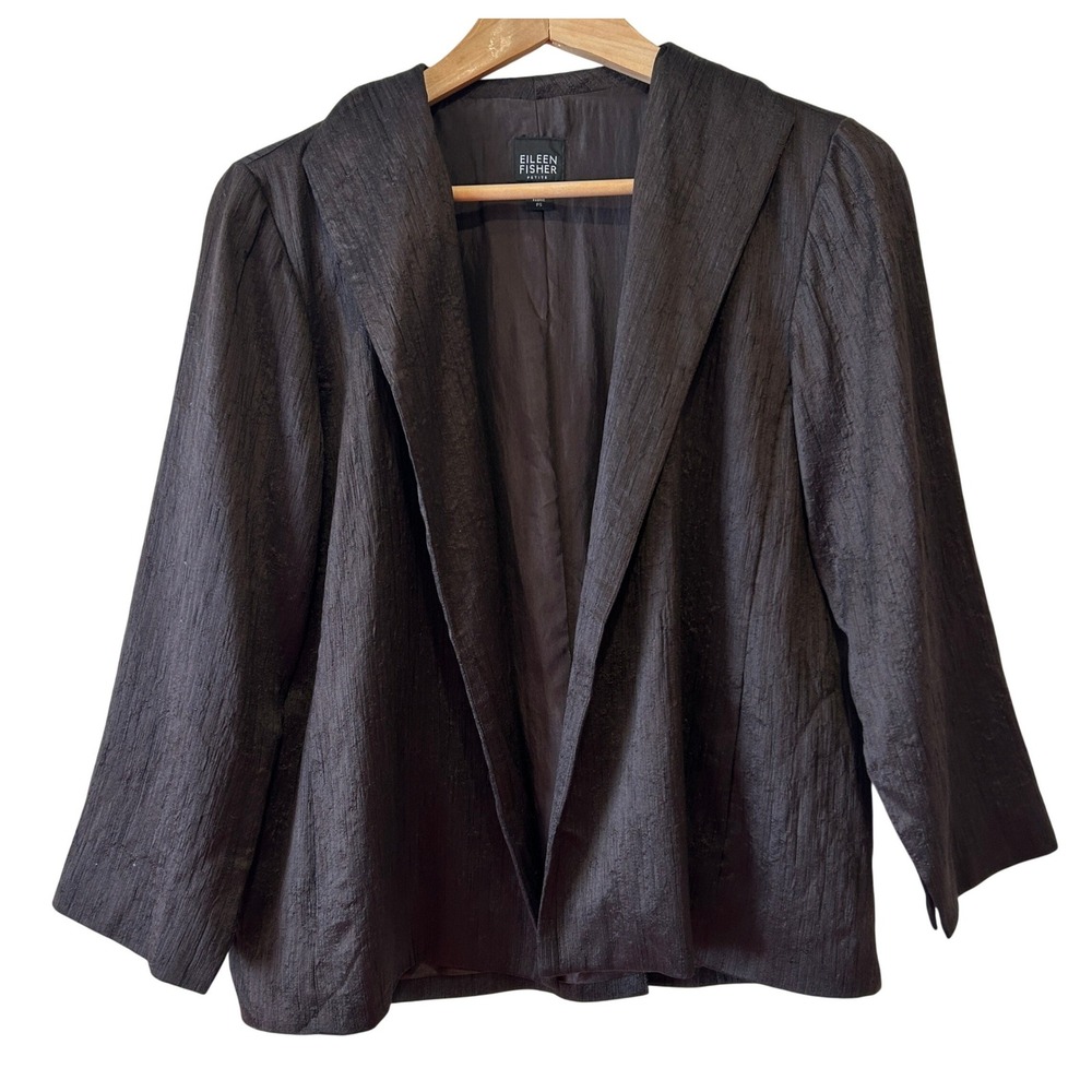 Eileen Fisher Blazer Sz PS Brown Silk Wool Textured Open Jacket Heritage Luxury